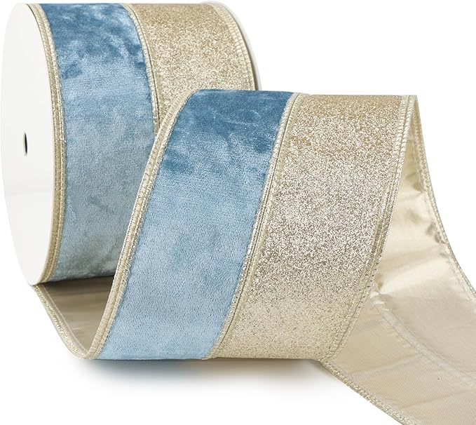 Dusty Blue Velvet Wired Christmas Ribbon 4 Inch Extra Wide Thick Blue and Gold Glitter Holiday Ribbon – 10-Yards Roll for Tree Decorations, Gift Wrapping, Wreaths, and DIY Crafts