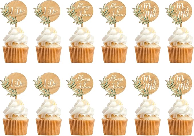12 PCS Mr & Mrs Wedding Cupcake Toppers with Green Leaves Engagement Cake Decorations
