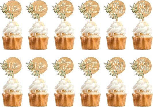 12 PCS Wedding Cupcake Toppers Green Mr & Mrs Wedding Cake Cupcake Decorations in Wood