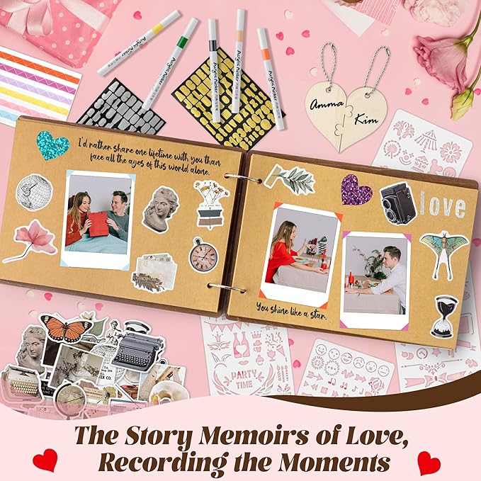 CY2SIDE 3 Years Anniversary Scrapbook - 111PCS 3 Years Down Wooden Photo Album Scrapbook Craft Kit Included Wood Cover Heart Puzzle Brown Paper Sticker and Template for DIY Dating Celebration Gift
