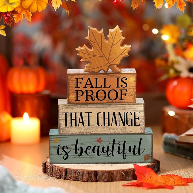 4 Pcs Thanksgiving Decoration for Home Wooden Maple Leaf Thanksgiving Table Centerpiece Fall Tiered Tray Decor Rustic Decorative Maple Leaf Block Signs Farmhouse Fall Decoration for Home