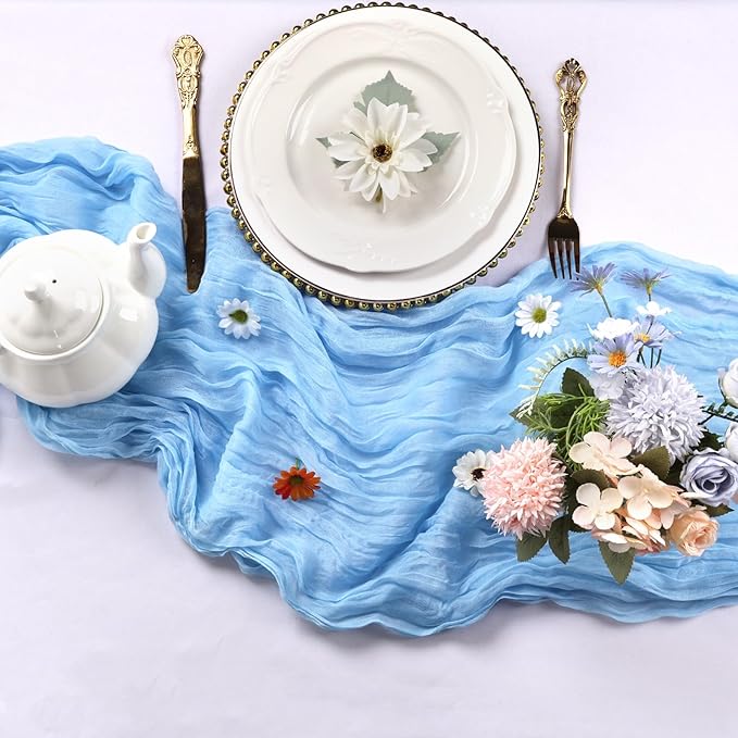 12 Pack Baby Blue Cheesecloth Table Runner 10FT Boho Cheese Cloths Gauze Fabric Table Runners 120 Inch Rustic Sheer for Wedding Birthday Party Baby Shower Centerpiece Home Decorations