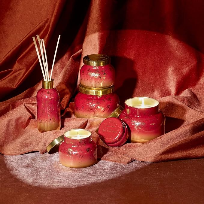 Capri Blue Glimmer Mini Tin - Apple Scented Candle with Mini Candle Holder - Soy Wax Blend - Capri Blue Apple Cider Social Red and Gold (3 oz)