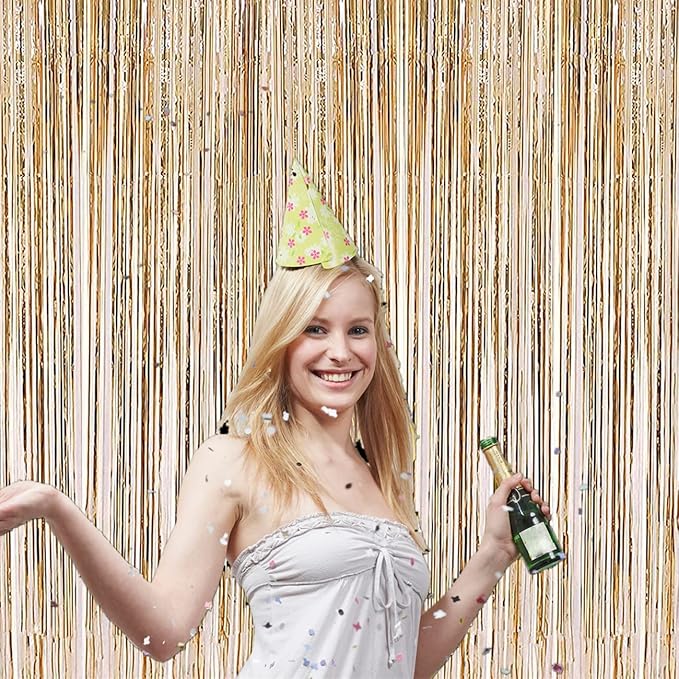 i-CHONY 2 Pcs 3.2ft x 8.2ft Champagne Gold Metallic Tinsel Foil Fringe Curtains Photo Booth Backdrop for Baby Shower Birthday Wedding Holiday Celebration Bachelorette Party Decorations