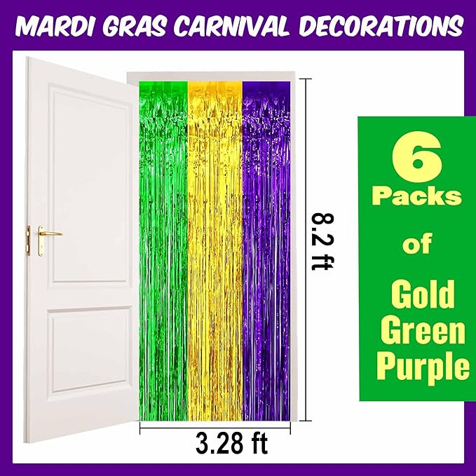 6 Pack Gold Green Purple Foil Fringe Curtains Backdrop, 3.28 x 8.2 Ft Metallic Streamers Tinsel Curtains Background for Photo Booth, Birthday, Christmas, Halloween, New Year Party Decorations