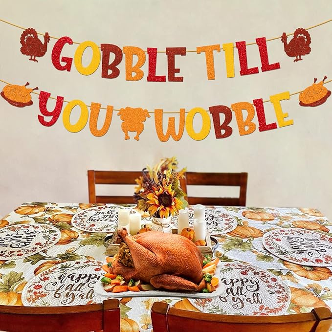 Gobble Till You Wobble Banner Thanksgiving Banner for Autumn Harvest Fall Thanksgiving Day Theme Family Kids Boy Girl Party Supplies Glitter Golden Decorations