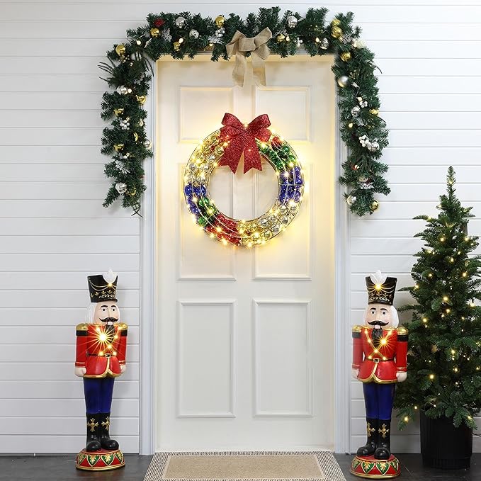 LuxenHome 24Inch Lighted Christmas Wreath, Christmas Outdoor Decorations, Large Wreath with Red Bow 188 LED Lights, Ornament Colorful Balls for Indoor, Lawn, Yard, Garden, Holiday Decor