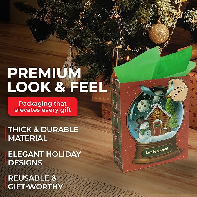 RACHELLE'S Snow Globe Christmas Gift Bags – Medium 13"x10"x4" (4-Pack) – Sturdy Paper Gift Bags with Tissue Paper, Tag and Handle – Let It Snow – Perfect for Christmas Holiday Gifting & Party Favors