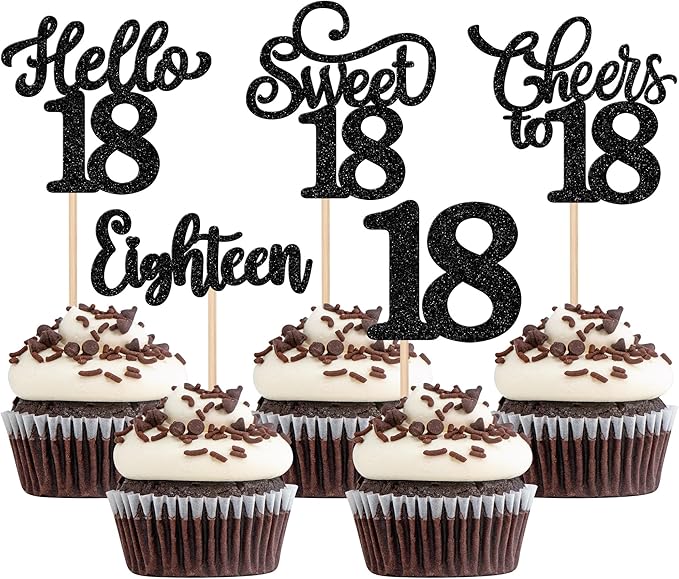 30PCS Happy 18th Birthday Cupcake Toppers Glitter Eighten Sweet 18 Hello 18 Cupcake Picks Cheers to 18 Birthday Decorations for 18th Birthday Anniversary Party Cake Decoration Supplies Black
