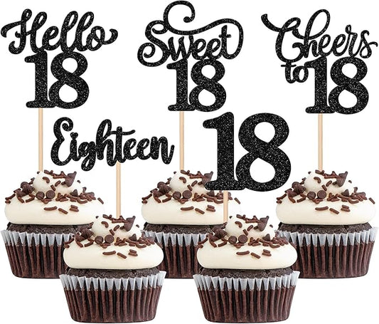 30PCS Happy 18th Birthday Cupcake Toppers Glitter Eighten Sweet 18 Hello 18 Cupcake Picks Cheers to 18 Birthday Decorations for 18th Birthday Anniversary Party Cake Decoration Supplies Black