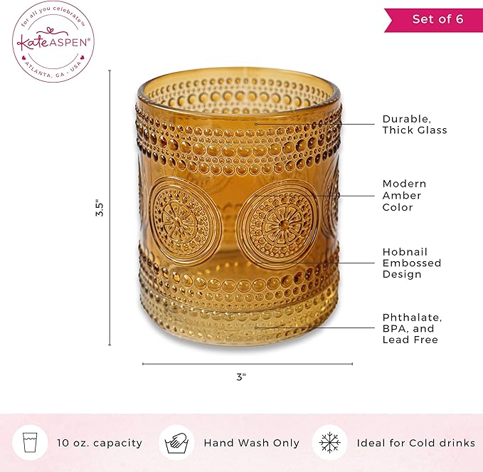 Kate Aspen Hobnail Beaded Floral Amber Drinking Glasses Set of 6, (10 oz) Vintage Glassware Cocktail Glass Set, Juice Glass, Water Cups Great Hostess Gift & Gift for New Home Owners (Pack of 4)
