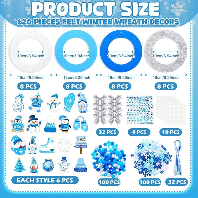 620/600 Pcs Winter Wreath Craft Kits DIY Snowman Christmas Wreath Crafts Kits Xmas Winter Home Decorations for Party Favors(Let It Snow,Dark Blue, Light Blue, White, Gray)