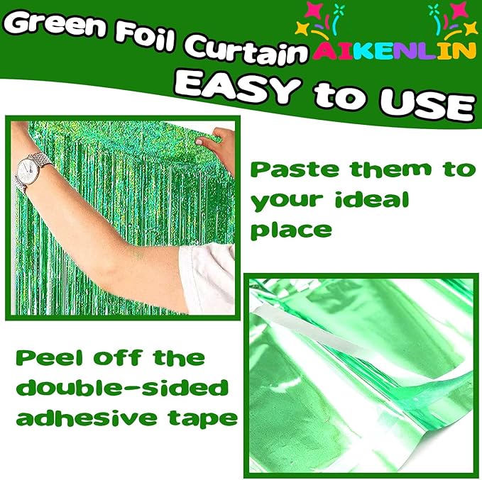 4 Pack 3.2Ft x 9.8Ft Green Foil Fringe Curtain Backdrop, Metallic Tinsel Foil Fringe Streamers Curtains for Party, Photo Booth Props, Birthday, Wedding, Christmas Party Decoration Supplies