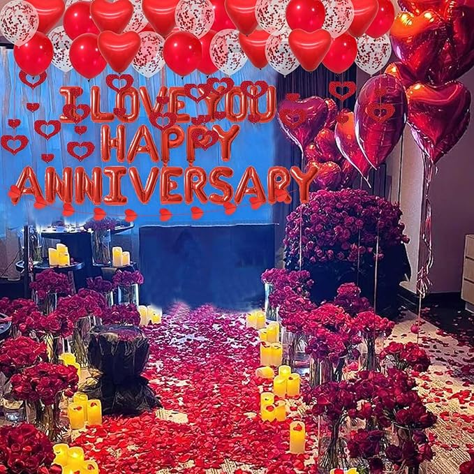 Red Happy Anniversary Decorations I LOVE YOU Letter Balloons - 1200pcs Red Artificial Rose Petals 16" Letter Balloons 18" Heart Foil Balloons Latex balloons heart balloons Hanging Swirls Heart Banner