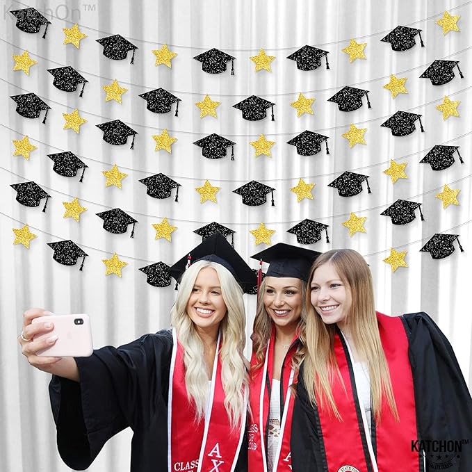 KatchOn, Graduation Cap Garland - 10 Feet, No DIY | Grad Garland Class of 2025, Black and Gold Grad Decorations 2025 | Grad Cap Decor for Graduation Decorations 2025