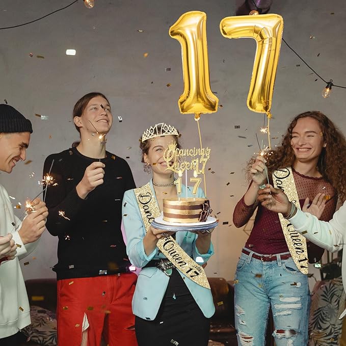 Dancing Queen Party Decorations 17 with Gold Dancing Queen Sash and Tiara, Cake Topper and Candles, Number Balloons Gold for 17th Birthday Decorations for Girls