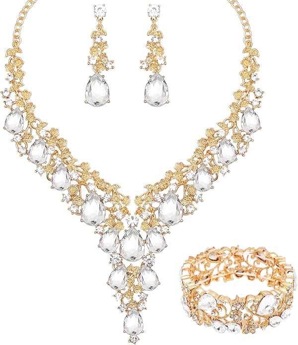 CSY Elegant Crystal Costume Jewelry Sets Flower Bridal Necklace Earrings Stretch Bangle Set for Bride Bridesmaid Wedding Dress Accessories