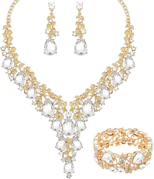 CSY Elegant Crystal Costume Jewelry Sets Flower Bridal Necklace Earrings Stretch Bangle Set for Bride Bridesmaid Wedding Dress Accessories