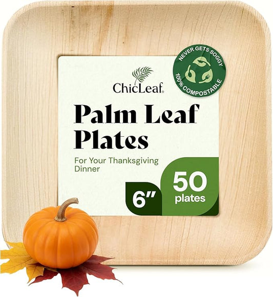 Chic Leaf Palm Leaf Compostable Plates - 6" Square, Pack of 50 - Disposable Dinnerware - Rustic Bamboo Appetizer Plates - Charcuterie Boards & Biodegradable Serviceware