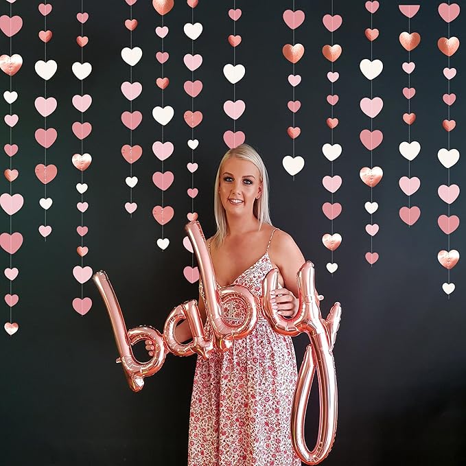 Rose Gold Party Decorations Dusty Pink Heart Garland Blush Pink Hanging Paper Streamer for Valentines Day Bridal Shower Birthday Anniversary Baby Shower Engagement Bachelorette Wedding Party Supplies