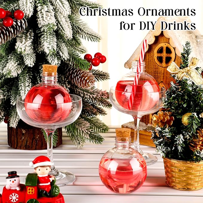 Jinei 30 Pcs 6 oz Ball Shape Plastic Sand Art Bottles Spherical Clear Plastic Potion Bottles Christmas Cocktail Ornament Balls for DIY Wedding Party Gift Crafts Decoration(Wood Color, Cork)