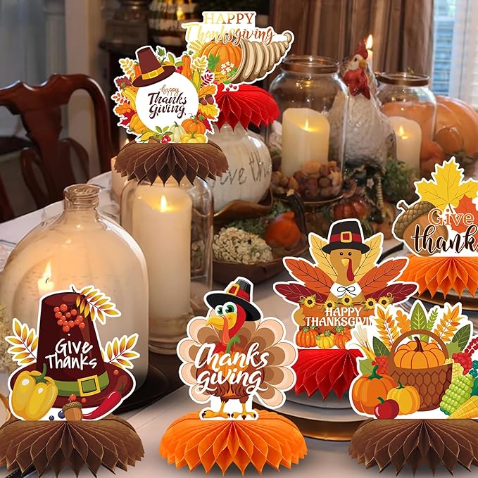 9PCS Thanksgiving Honeycomb Centerpiece Turkey Pumpkin Maple Leaves Honeycomb Thanksgiving Table Centerpiece for Thanksgiving Table Decoration Fall Autumn Theme Birthday Party Supplies