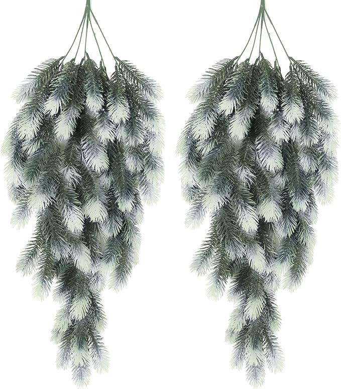 RECUTMS 2 Packs Hanging Artificial Pine Needle Branches Green Plant Pine Needle Accessories Artificial Hanging Plants Outdoors Faux Plant for DIY Christmas Indoor Outside Decoration(White)
