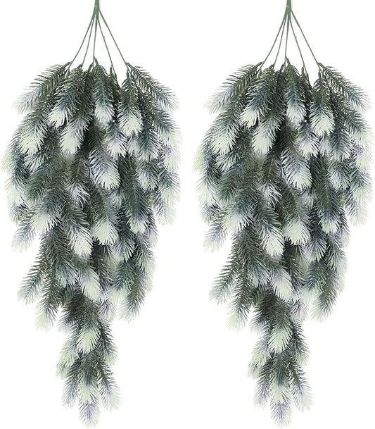 RECUTMS 2 Packs Hanging Artificial Pine Needle Branches Green Plant Pine Needle Accessories Artificial Hanging Plants Outdoors Faux Plant for DIY Christmas Indoor Outside Decoration(White)