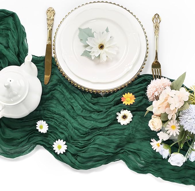 12 Pack Christmas Table Runner Emerald Green Cheesecloth Table Runner 10FT Boho Cheese Cloths Gauze Fabric 120 Inch for Wedding Birthday Party Baby Shower Centerpiece Home Decorations