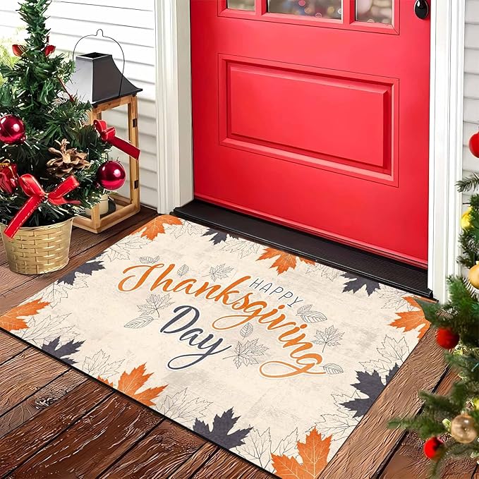 Fall Welcome Maple Leafs Decorative Door Mat, Autumn Thanksgiving Doormat for Indoor Outdoor Entrance Floor Mats,Fall Pumpkins Non Slip Harvest Vintage Decor Rubber Welcome Mats 16" x 24" Inch