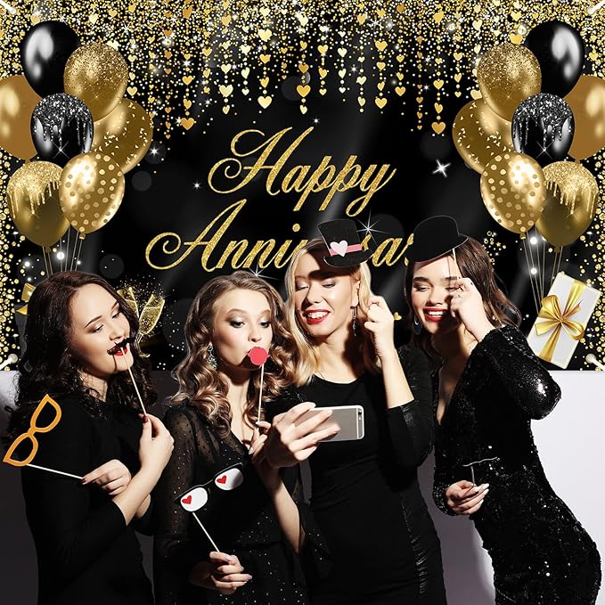 Avezano Happy Anniversary Banner Decorations for Wedding, Bridal Shower, Party - 70.8 x 43.3 Inch (Black and Gold)