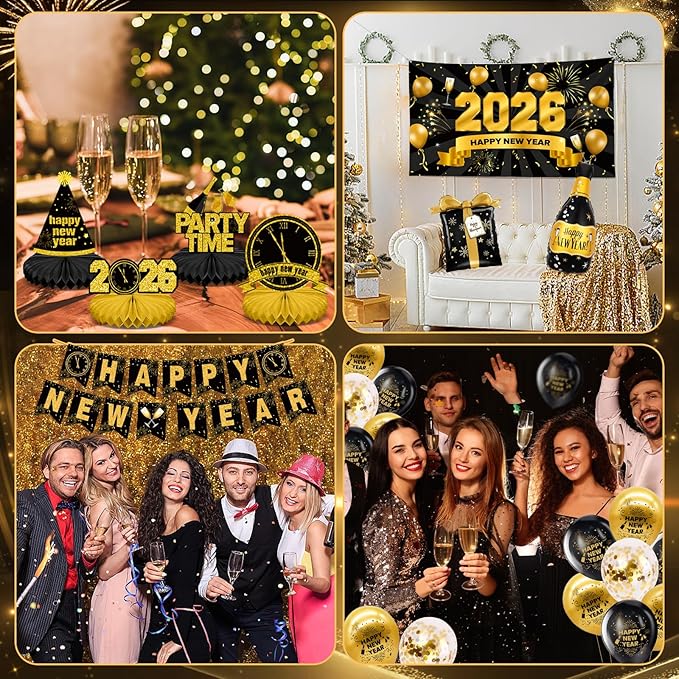 New Years Eve Party Supplies 2026-46 PCS Happy New Years Decorations-Party Favors Includes Banner, Backdrop, Balloons, Centerpieces, Hanging Swirls Nye Decorations 2026