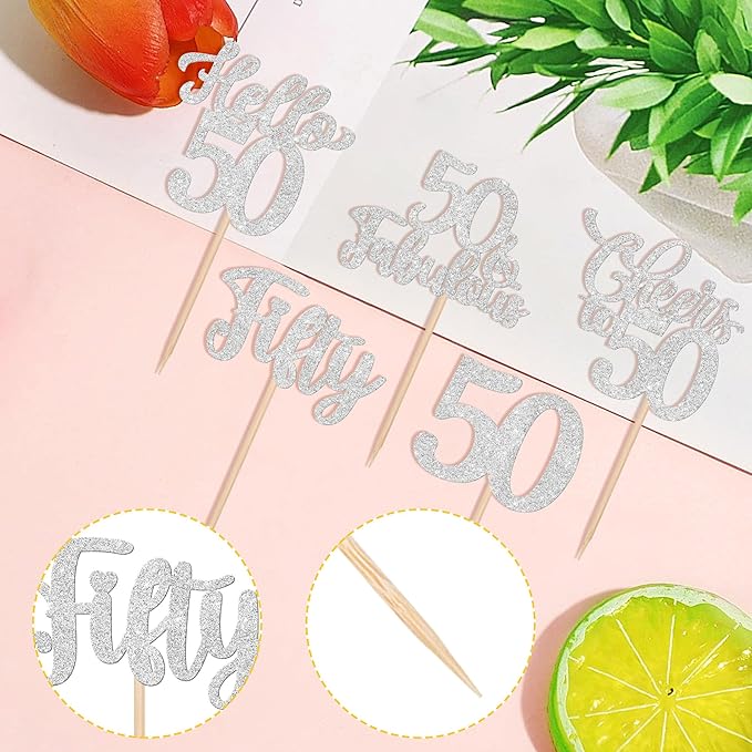 30PCS Happy 50th Birthday Cupcake Toppers Glitter Hello 50 Fabulous Fifty Cheers to 50 Years Old Birthday Cupcake Picks for Happy 50th Birthday Anniversary Party Cake Decorations Supplies Silver