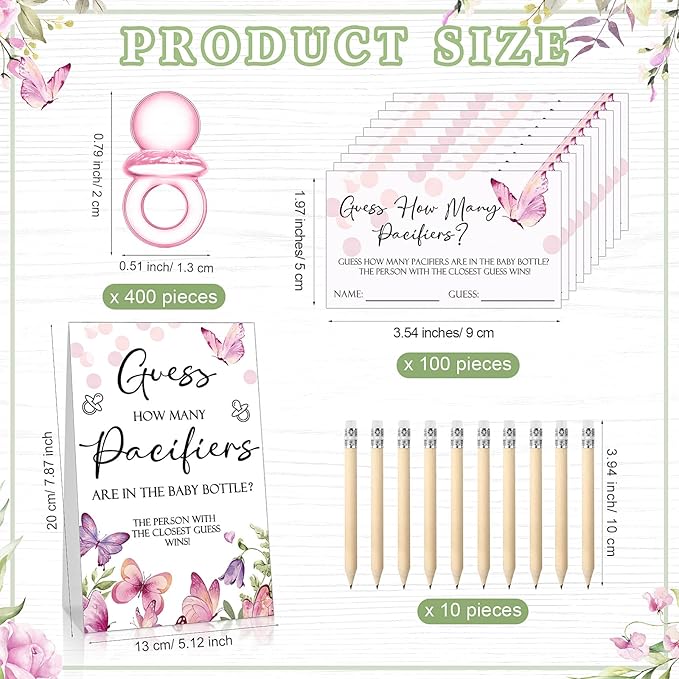 Roowest 512 Pcs Baby Shower Games Guess How Many Pacifiers Sign 100 Small Guessing Games 10 HB Pencils 750ml Milk Bottle 400 Acrylic Pacifiers Decoration for Guest Gender Reveal(Pink,Butterfly)