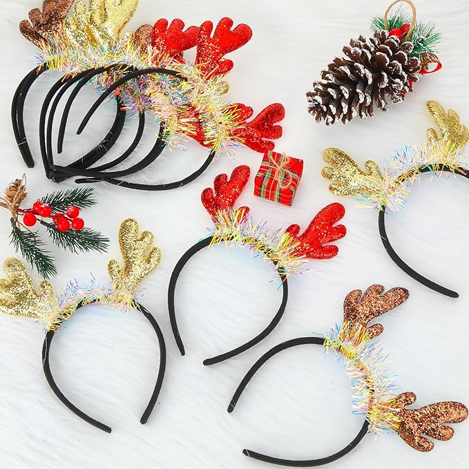Riceshoot 30 Pcs Christmas Reindeer Antlers Headband Bulk Deer Antlers Headbands with Ears Deer Costume for Women Halloween Party Favors Supplies