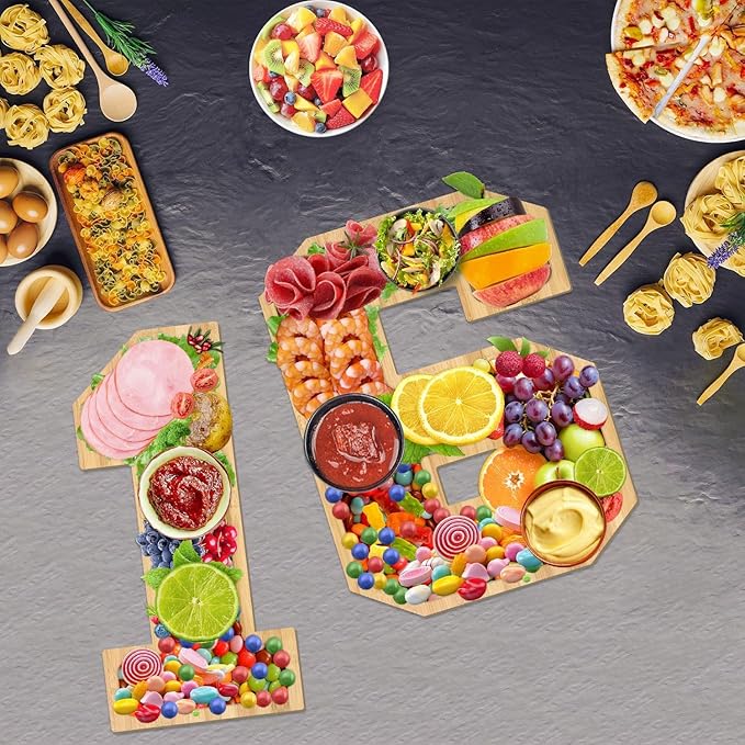 Brainy 16th Birthday Party Supplies Trays Wooden Serving Tray Sweet 16 Wooden Number 16 for Charcuterie Decorative Tray for 16th Birthday Anniversary Party Decorations Chocolate Candy Containe