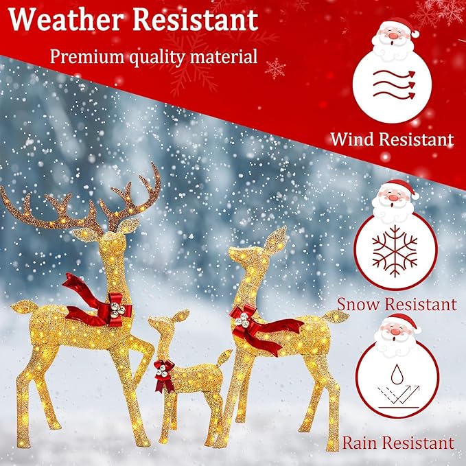 2025 New 3D 58 Inch Outdoor Lighted Reindeer Decorations, 3-Piece Christmas Deer Family Set, Large Christmas Deer Decoration with 210 LED Flashing Lights for Yard, Lawn, Gold