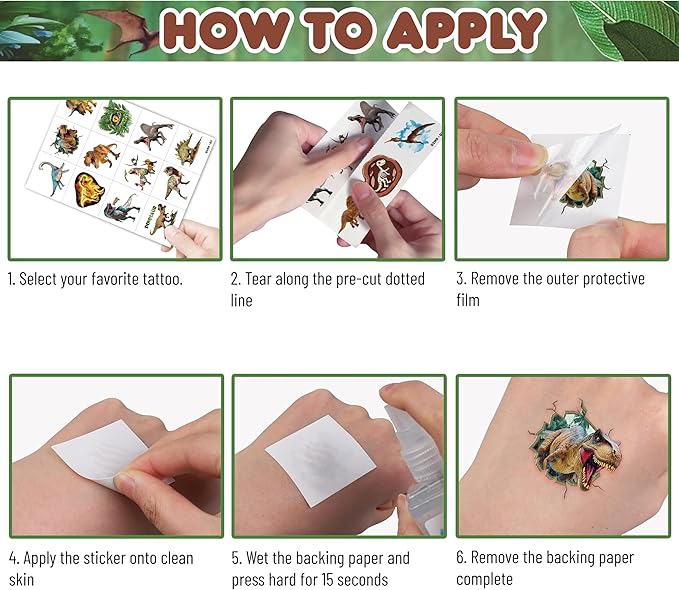 96 PCS Dinosaur 3D Pre-Cut Temporary Tattoos for Kids | Super Cute Themed Birthday Party Favors, Supplies, Decorations, Funny Jungle Fake Tattoo Stickers (Multiple)
