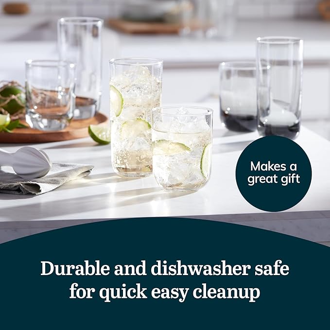 Libbey Polaris Tumbler and Rocks Glass Set, Smoke Hue Drinkware Glasses Set, Lead-Free Tall Water Glasses with Modern Clean Lines, Dishwasher Safe Drinking Glasses Set of 16