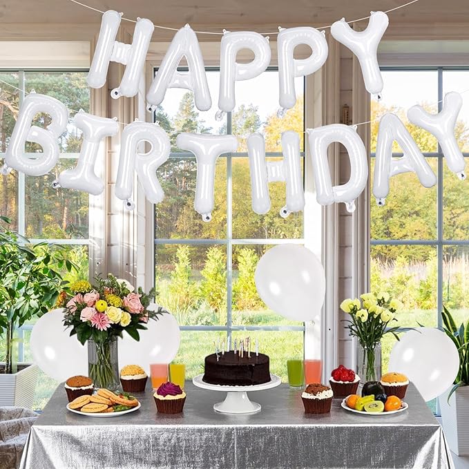 65 Pcs White Happy Birthday Balloons and 2 Sets A-Z Letters Foil Balloons, 16 Inch Personalized Name Happy Birthday Banners for Wedding Baby Shower Anniversary Party Decorations (White)