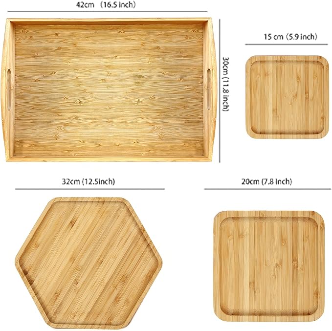 Bamboo Serving Trays Cutting Boards 16.5"x11.8"（42x30cm with Handle, Set Includes 0.63"(1.6cm) Thick Plates 1xHexagon 12.5"(32cm)+1xSquare 7.8"(20cm)+1xSquare 5.9"(15cm) for Family Dinner