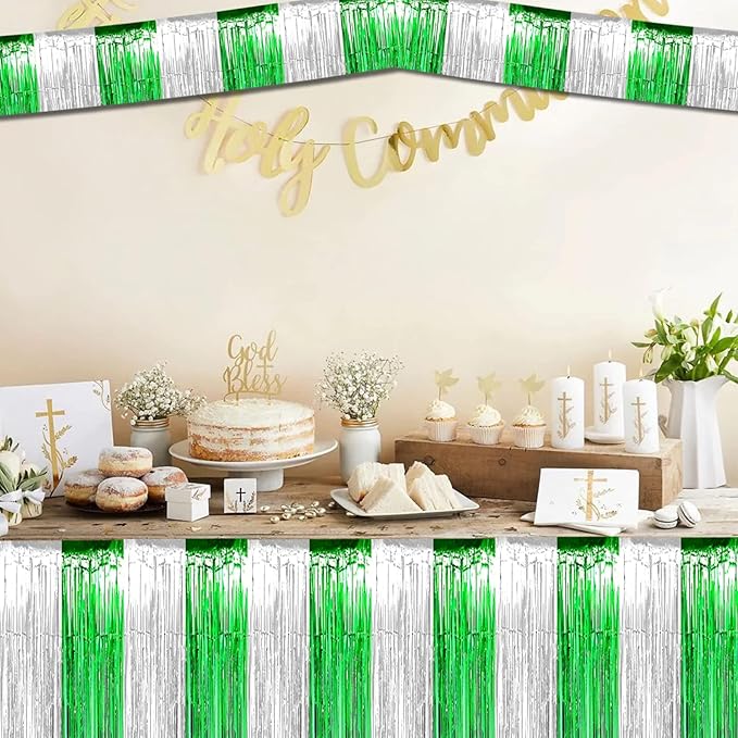 6 Pack 10 Feet Foil Fringe Garland Metallic Tinsel Streamers Banner Wall Hanging Backdrop for Parade Floats, Valentine's Day, Wedding, Birthday, St Patrick Day Party Decorations(Silver Green)