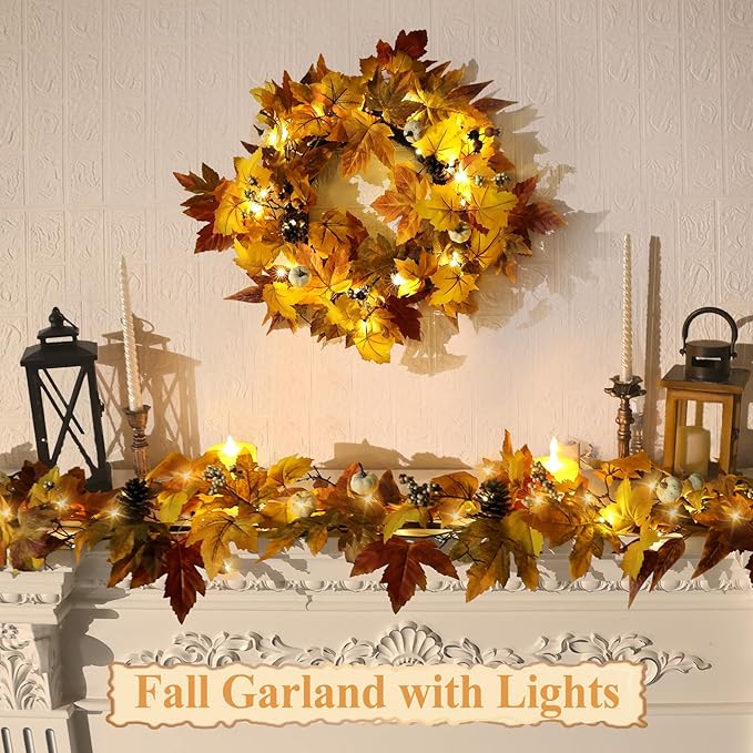 Fall Garland with Lights Outdoor 6FT Autumn Fall Leaves Garland with Pinecones Berries 30 Warm Lights Thanksgiving Christmas Fall Decorations for Home Table Farmhouse Porch Fireplace (Fall Orange)