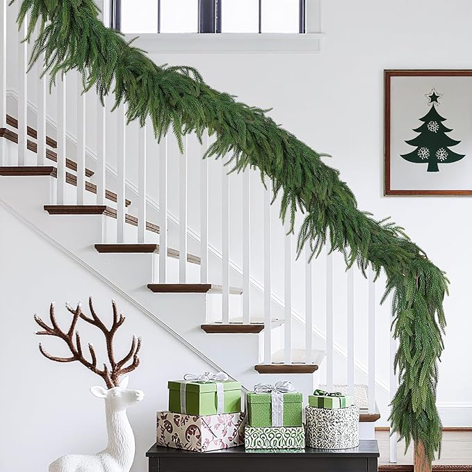 9FT Real Touch Norfolk Pine Garland, Long Faux Greenery Christmas Garland for Mantel, Stairs, Fireplace, Wall, Outdoor Indoor Christmas Decorations, Qualified Material, Easy to Shape, 1P