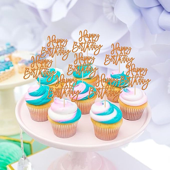 24 PCS Glitter Cupcake Toppers - Happy Birthday & Anniversary Picks - Orange