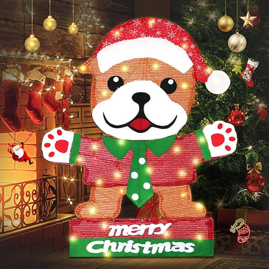 Domkom Lighted Bulldog Christmas Decoration, 30 Inch Pre-Lit Cute Dog with Christmas Hat 45 LED Warm Lights for Home Indoor Outdoor Yard Holiday Decor