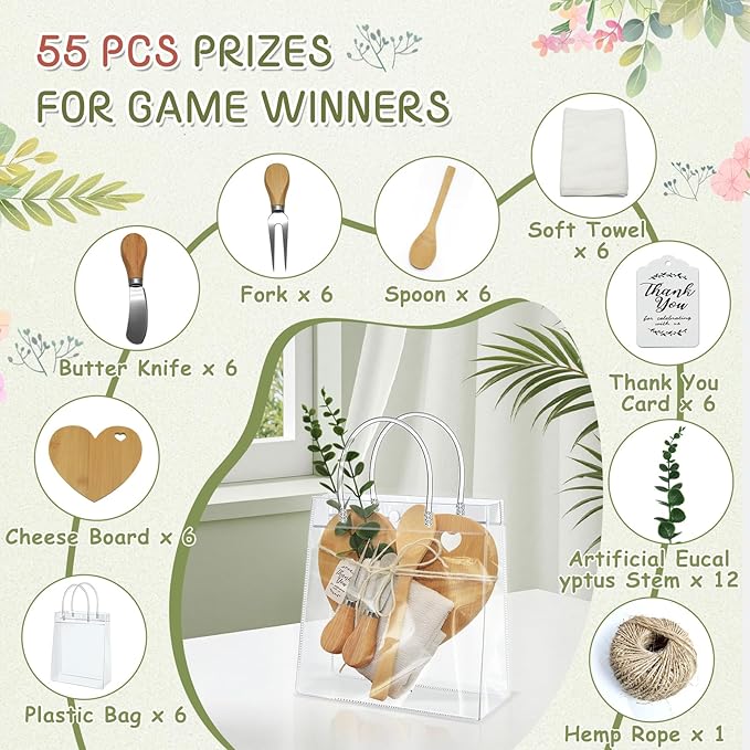 AZEAM 55Pcs Baby Shower Prizes for Game Winners, Bridal Shower Prizes with 6 Sets Heart Cheese Board Spoon Fork Butter Knife Towel Card Plastic Bag Branch, Wedding Shower Favors for Guests