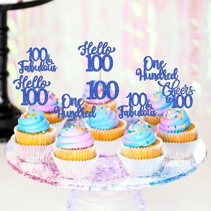 30PCS Happy 100th Birthday Cupcake Toppers One Hundred Cheers to 100 Years Birthday Cupcake Picks Hello 100 Fabulous Cake Decorations for Happy 100th Birthday Anniversary Party Supplies Blue