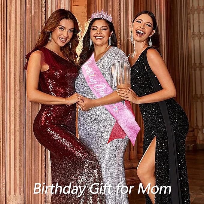 VELSCRUN Birthday Queen Tiara Crowns for Women Girls Pink Crystal Birthday Queen Headband Sash Elegant Princess Crown Happy Birth Party Decorations Mom Sisters Birth Gift Hair Accessories