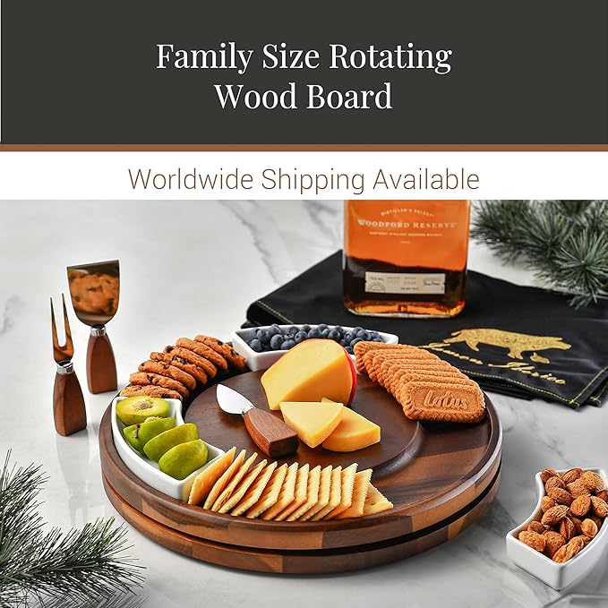 Shanik Acacia Wood Lazy Susan Cheese Board Set – Rotating Charcuterie Platter, Elegant Serving Tray for Appetizers, Snacks, Parties & Weddings